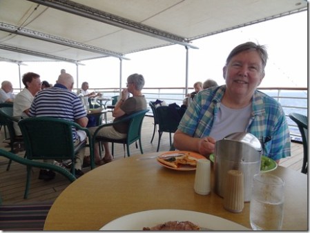 Mary eating on aft dining veranda