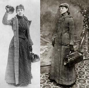 Nellie Bly in her travel coat carrying her luggage