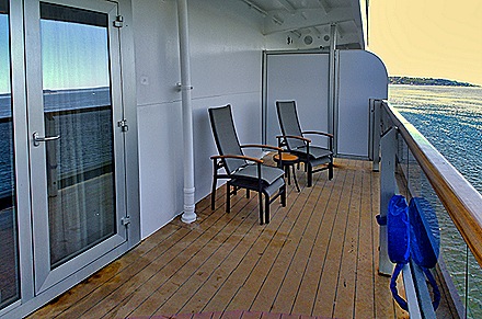 Our veranda on the Westerdam, double the usual length